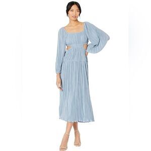 moon river pleated cutout midi dress Moon River Pleated Cutout Tie Back A-Line Dress - Olive